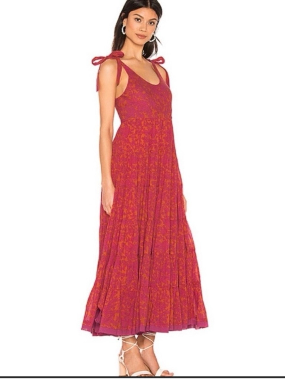 Free People Tie-Shoulder Floral Maxi Dress in Magenta-Orange